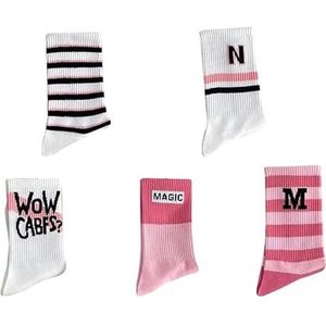 5 paar sokken dames streep print roze leuke medium mouw sokken veelzijdige trend dunne letter sokken sokken set, K, Eén Maat