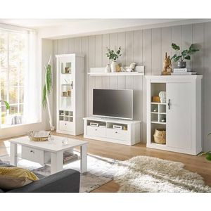 Woonwand woonmeubelset, pijnboom wit, 5-delig, landhuisstijl, salontafel, vitrine, wandboard, lowboard, highboard, incl. LED-verlichting