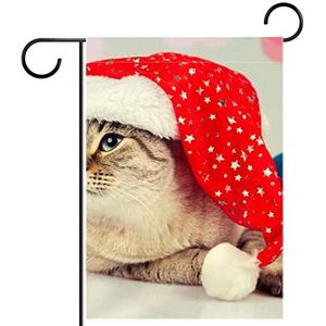 kerstmuts kat Tuinvlag 28x40 inch,Kleine tuinvlaggen dubbelzijdig verticale banner buitendecoratie