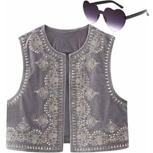 Dames bloemen geborduurd vest top, mouwloos open voorkant cropped blouse vintage vest(Color:Dark Grey,Size:S)
