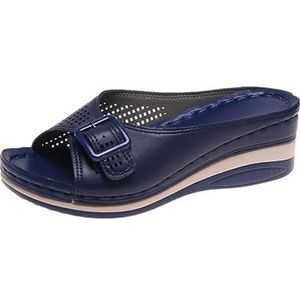 Dames Orthopedische Sandalen Vintage Sleehak Slippers 2024 Zomer Peep Toe Slippers PU Lederen Pantoffels Rubberen Platformslippers Met Gesp Vrijetijdsstrandschoenen (Color : Blue, Size : 36 EU)