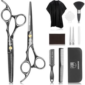 JINSHOW 12Pcs Schaar Haar Kappers Professionele Scharen Set Dunner Snijden Clip Kam Rvs Cut Pouch Kit Salon Kapper Vrouwen Mannen Kids Zwart (12)