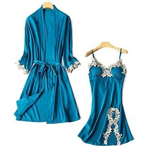 Kimono robe jurk sexy kant nachtkleding 2 STKS Slaap set vrouwen satijn intieme lingerie zijdeachtige nachtdoek lounge slijtage kant nachtkleding(Blu,L)