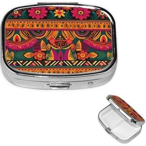 Mexican Folk Art Boho-pillendoos met 2 compartimenten, kleine pillendoos voor portemonnee en zak, metalen pillenetui met spiegel, dagelijkse pillenorganizer, draagbare medicijnvitaminehouder, uniek