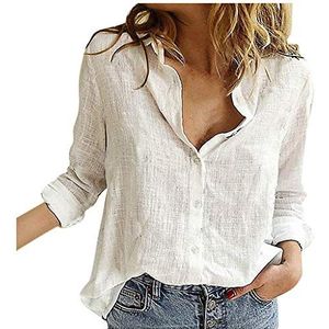 Mode vrouwen losse linnen knoop solide revers lange mouwen T-shirt blouse tops mesh bovendeel, wit, S