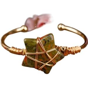 Vrouwen Edelsteen Kralen Goud Koper Polsband Bangle Wire Wrapped Sterren Kralen Manchet Armband Tienermeisjes Koppels Sieraden (Color : Gold_Unakite)