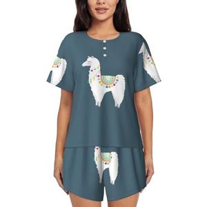 JIAWUJYNB Pyjamaset met lama-print voor dames, korte mouwen, comfortabele korte set, nachtkleding met zakken, Zwart, M
