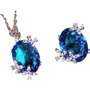 Mooie glanzende kristal blauwe ovale hanger ketting ring set compatibel met vrouwen 925 sterling zilveren vlinder sieraden luxe geschenken (Color : Necklace)