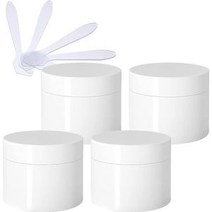 Cosmetische potten, 4 stuks, lege dikke glanzende witte plastic cosmetische potten van 100 ml met schroefdeksel, binnenvoering, monsterflessen for op reis + 4x spatels