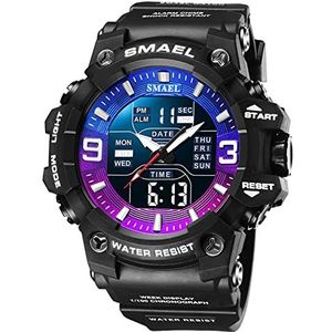 Militaire Horloges Voor Mannen Multifunctionele Buitensporten Digitale Horloge Analoge Quartz Led Horloge Dual Tijd Waterdicht Horloge, Zwart Blauw Paars, riem