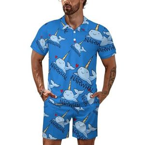 Blauwe Narwhal Poloshirt voor heren, set met korte mouwen, trainingspak, casual strandshirts, shorts, outfit, L