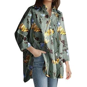 HJUGHPN Damesblouse met lange mouwen en lange mouwen, elegante bloemenprint, revers, damestop en shirt, casual oversized overhemd met knopen, Groen, XL