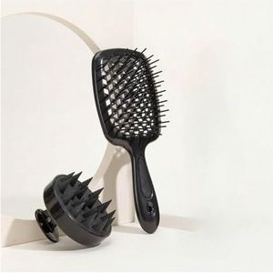 1/2 stuks set Hoofdhuid Massage Kam Holle Kam Shampoo Massage Borstel for Bad Haar Wassen Spray Fles(2pcs set Black)