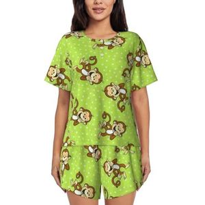 Groene slimme aap print dames zomer zachte tweedelige bijpassende outfits korte mouw pyjama lounge pyjama sets, Zwart, 3XL
