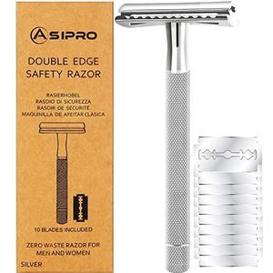 ASIPRO Dubbele Rand Scheermes met 10 Vervangingsmessen voor Mannen & Vrouwen Metalen Veiligheidsscheermes, Double Edge Safety Razor Set Geschikt voor Alle Double Edge Mesjes
