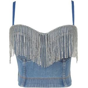 AOEGBY Sprankelende strass vrouwen korset denim jeans shaper strass diamant pailletten vrouwen korset sexy meisje bustier nachtclub party bijgesneden top dames push-up korset Belle, Blauwe kwastje, S