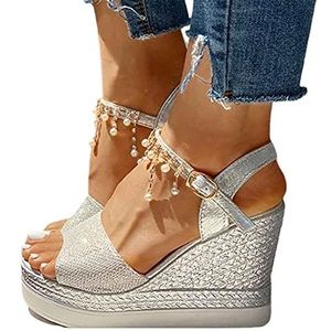 Dames Platform Sandalen Wedge Open teen Sandalen Comfortabel Ademend Platform Sandalen Strass Kraal Enkelband Sandalen Voor Stranden Zwembaden Straten Feesten,Silver,38