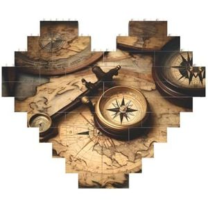 Kompas en oude wereldkaart legpuzzel - hartvormige bouwstenen puzzel-leuk en stressverlichtend puzzelspel
