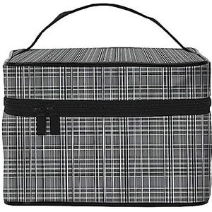 Hawaiiaanse surfer op golvende print make-up tas,Draagbare cosmetische tas,Grote capaciteit reizen make-up case organizer, Grijze geruite lijnen, Eén maat