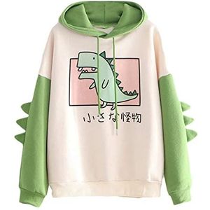 DDUNO Leuke dinosaurus hoodie sweatshirt trui vrouwen casual lange mouwen Kawaii cartoon print trekkoord hoodies tops dames meisjes tieners herfst winter (kleur: Agreen, Maat: L)