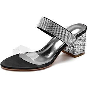 SYDZSW Bruiloftsschoenen Dikke Hak Bruidsschoenen Hoge Hakken Satijn Ivoor Sandalen Bruidsband met Strass 35-43, Zwart, 43 EU