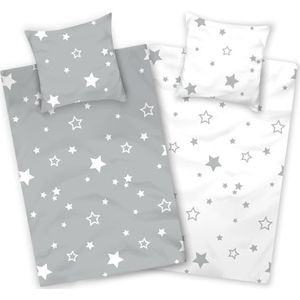 Aminata kids Beddengoed 135 x 200 cm, sterren, grijs/wit, katoen, sterrenmotief, ritssluiting, zacht en ademend, zomerbeddengoedset voor jongens en meisjes, omkeerbaar beddengoed