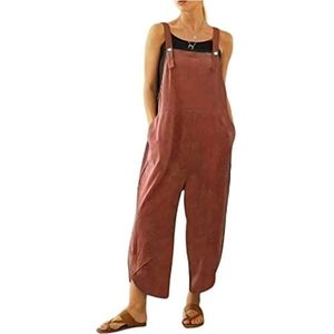 LINKE Overall voor dames casual losse tuinbroek zacht katoen linnen baggy jumpsuit verstelbare bandjes met zakken, M-5XL, Rood, 5XL