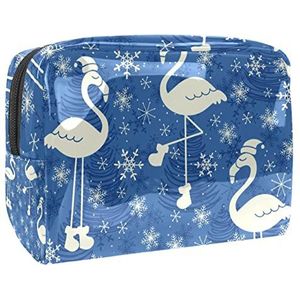 Flamingo met kersthoed sneeuwvlokken blauwe print reismake-uptas voor dames en meisjes, kleine waterdichte make-uptas met ritssluiting toilettas organizer, Meerkleurig, 18.5x7.5x13cm/7.3x3x5.1in, Modieus