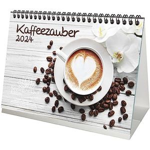 Koffiemagie DIN A5 tafelkalender voor 2024 koffie cappuccino latte - cadeauset inhoud: 1x kalender, 1x kerstkaart (in totaal 2 stuks)