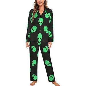 Groene Alien Heads Pyjama Sets Met Lange Mouwen Voor Vrouwen Klassieke Nachtkleding Nachtkleding Zachte Pjs Lounge Sets