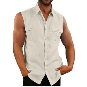 Herenoverhemd Mouwloos Revers Knoop Cardigan Top Zomer Trend Straat Effen Kleur Blouses for Heren(1,XXXL)