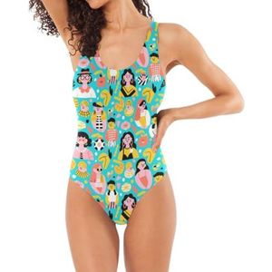 Klassieke Badpakken uit één stuk voor vrouwen vrolijke karakters Turquoise U-vormige rug buikcontrole, Vrolijke karakters Turquoise, XL