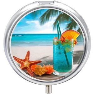 Pillendoos, draagbare tropische cocktail met zeester pillenorganisator, pillendoosje voor op reis of portemonnee, medicijnpillencontainer met spiegel, 3 vakken, dagelijkse medicijnorganizer