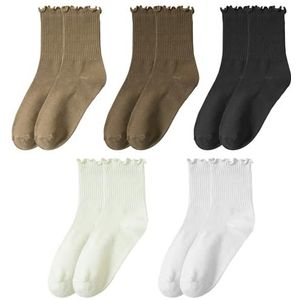 HDGSAFD 5 paar sokken met ruches, ruche-sokken voor dames, kuitsokken voor dames, dunne zomersokken met ruches, gebreide zachte en ademende sokken, ronde hals sokken, wit, lichtbruin., One size