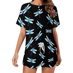 Blauwe Dragonfly Zachte Womens Pyjama Korte Mouw Pyjama Loungewear met Zakken Gift voor Thuis Strand 4XL