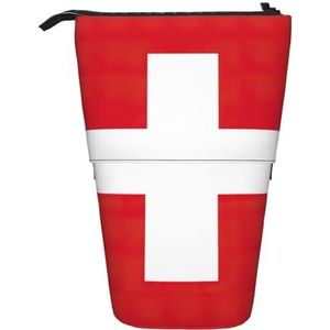 Evengigy Zwitserse vlag print schattig etui met rits verstelbare standaard potlood houder grappige make-up tas, Zwart, Eén maat, Tas Organizer