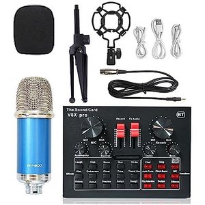 Geluidskaartset, Draadloze Karaoke Microfoon Statief WXH1000 & BM900 USB Geluidskaart V8XPRO Professionele Studio Condensator Microfoon for PC Telefoon MIC(Blue BM900 V8XPRO)