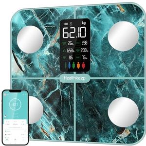 Lichaamsvetweegschaal, personenweegschaal, met lichaamsvet en spiermassa, 15 lichaamsgegevens, lichaamsvetanalyse, slimme weegschaal met app, groot display