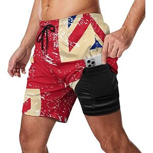 Birtish Retro Flag Zwembroek voor heren, sneldrogend, 2-in-1 strandsportshorts met compressieliner en zak