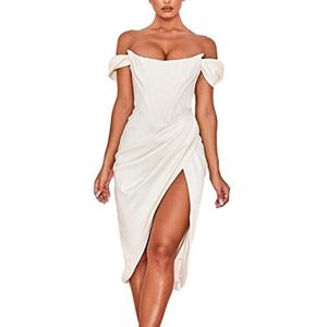 CABULE Sexy Elegante Avondfeestjurk Banket Outfit Vrouwen Mouwloze Slanke Midi Jurk Mode Off Shoulder Effen Ruches Split Jurk - Wit, M