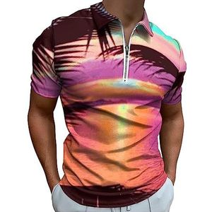 Sunset Glow And Palm Trees poloshirt voor mannen, casual T-shirts met ritssluiting en kraag, golftops, slim fit