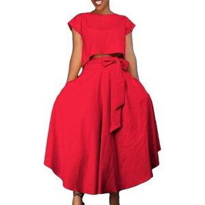 Elegante 2-delige Outfits Voor Dames Ronde Hals Korte Mouwen Casual Crop Top En Hoge Taille Onregelmatige Zoom Zwierige Maxi Rok Set (Color : Red, Size : M)