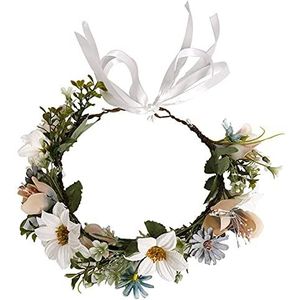 HAOSHICS Simulatie bloemenkrans slinger haarhoepel bruid bloem hoofdband hoofddeksels met lint voor bruiloft reizen vakantie fotofeest (Melkachtig wit)