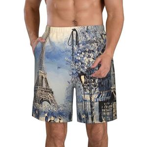 Romantische Paris Eiffeltoren print heren strandshorts zomer shorts met sneldrogende technologie, licht en casual, Wit, L