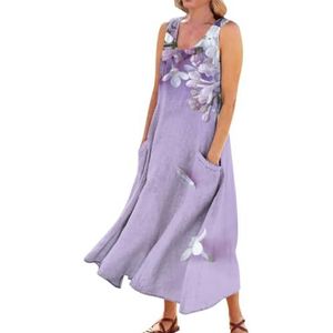 HHuiXinXue Maxi-jurk voor dames, casual, U-hals, mouwloos, zomerjurk, bloemenprint, strandjurk met zakken, kleur-3, M