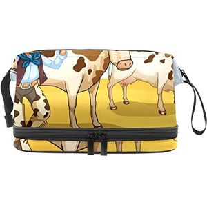 Multifunctionele opslag reizen cosmetische tas met handvat, grote capaciteit reizen cosmetische tas, een cowboy met twee koeien eten, Meerkleurig, 27x15x14 cm/10.6x5.9x5.5 in