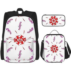 Spinning Bloemen Grote Capaciteit Rugzak Lunch Tas Pen Pouch 3-delige Set voor Kantoor Reizen Camping Unisex, Zwart, Eén maat