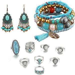 Boho Kralen Armband Lake Blue Multi Layer Stapelbare Kwastje Charm Armbanden, Vintage Inlaid Turquoise Gegraveerde Ring Set van 8 en Boho Ovale Kwastje Oorbellen met Turquoise Oorbellen