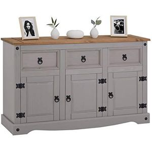 CARO-Möbel Sideboard Ramon landhuisstijl commode grenen massief grijs geglazuurd met 3 laden en 3 deuren