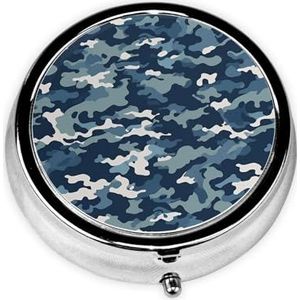 Pillendoosje met spiegel, retro pillendoosje met 3 vakken, marineblauw camouflagepatroon, kleine pillenorganizer voor portemonnee of zak, decoratieve metalen medicijnen, vitamine-organizer, unieke